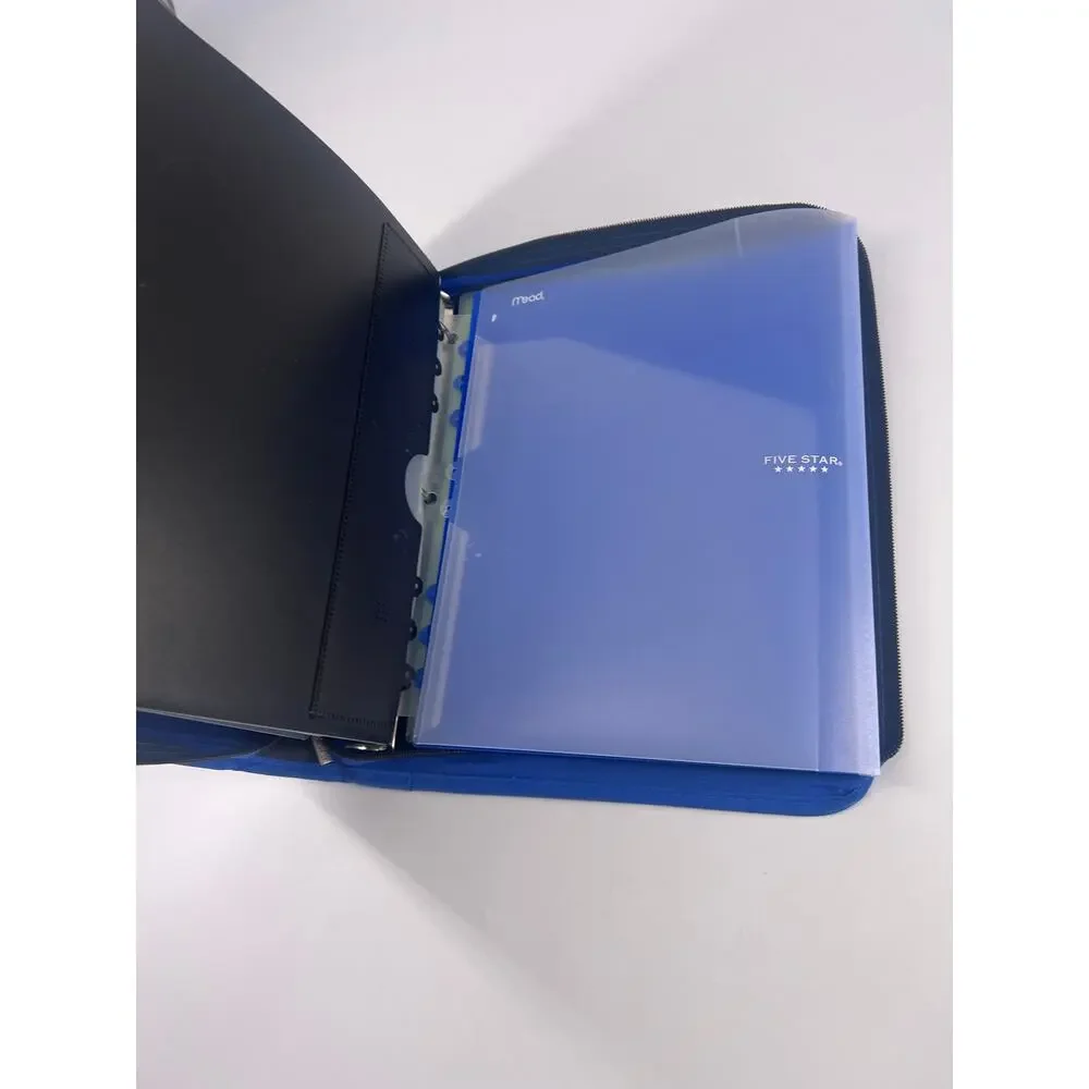 Five Star Folder Pencil Holder School Blue Black College Zipper Binder Durable